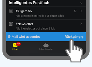 Screenshot der WEB.DE App zeigt, wie man das Senden einer E-Mail rückgängig macht.