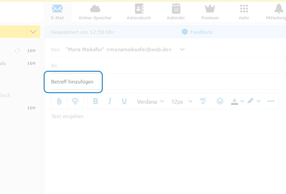 Die Betreffzeile - hier bei WEB.DE - befindet sich im sogenannten E-Mail-Header, dem „Kopf“ der E-Mail.