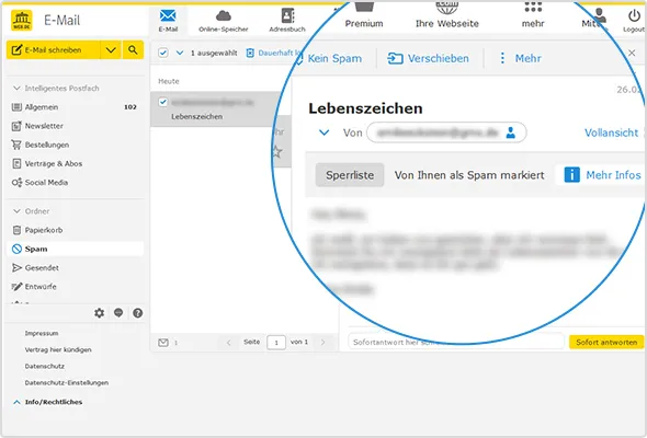 Neue Infofläche: "Von Ihnen als Spam markiert"