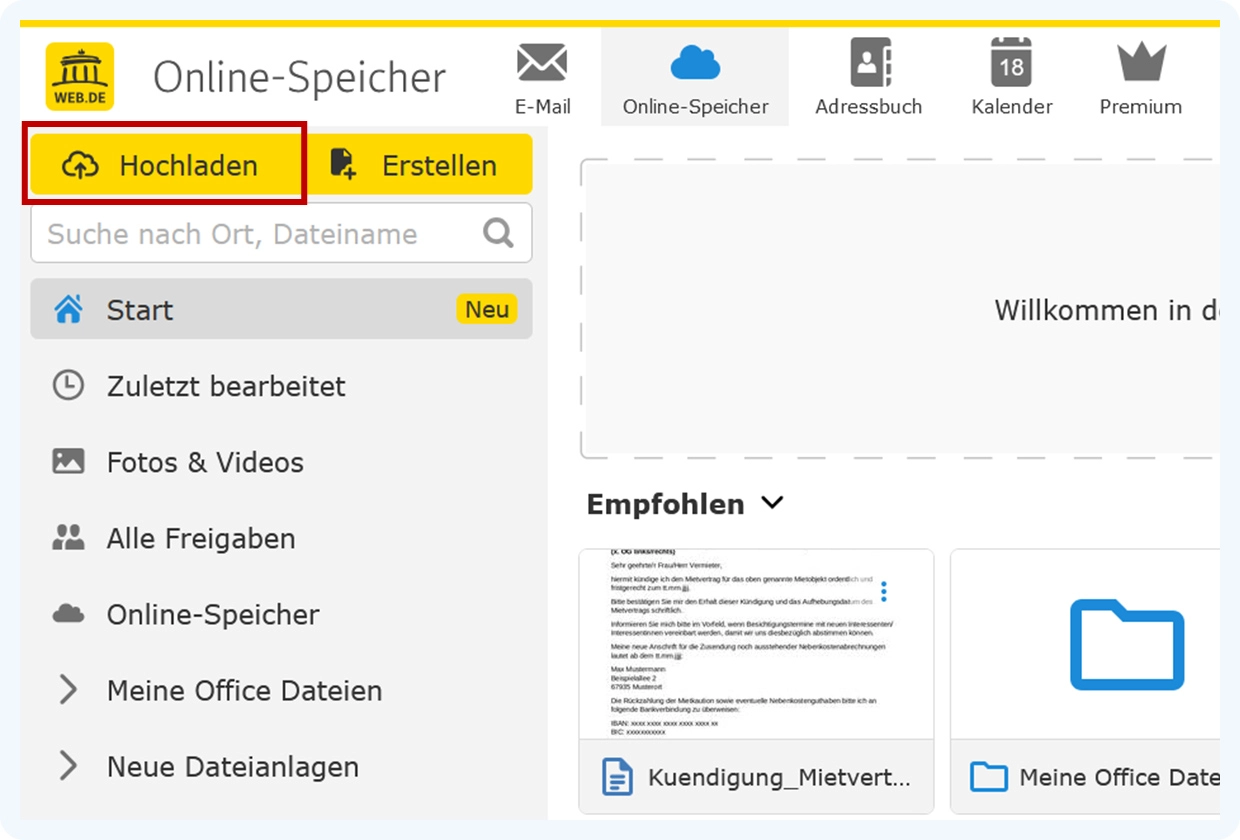 Ansicht des geöffneten Online-Speichers im WEB.DE Postfach. Der gelbe Hochladen-Button ist rot markiert.