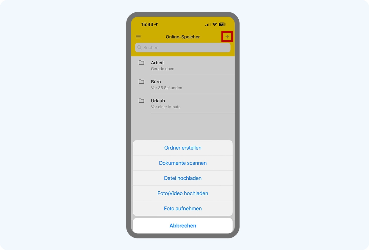 Screenshot des Online-Speichers in der WEB.DE App. Das Pluszeichen oben rechts, über das man verschiedene Aktionen in der Cloud tätigen kann, ist rot markiert.