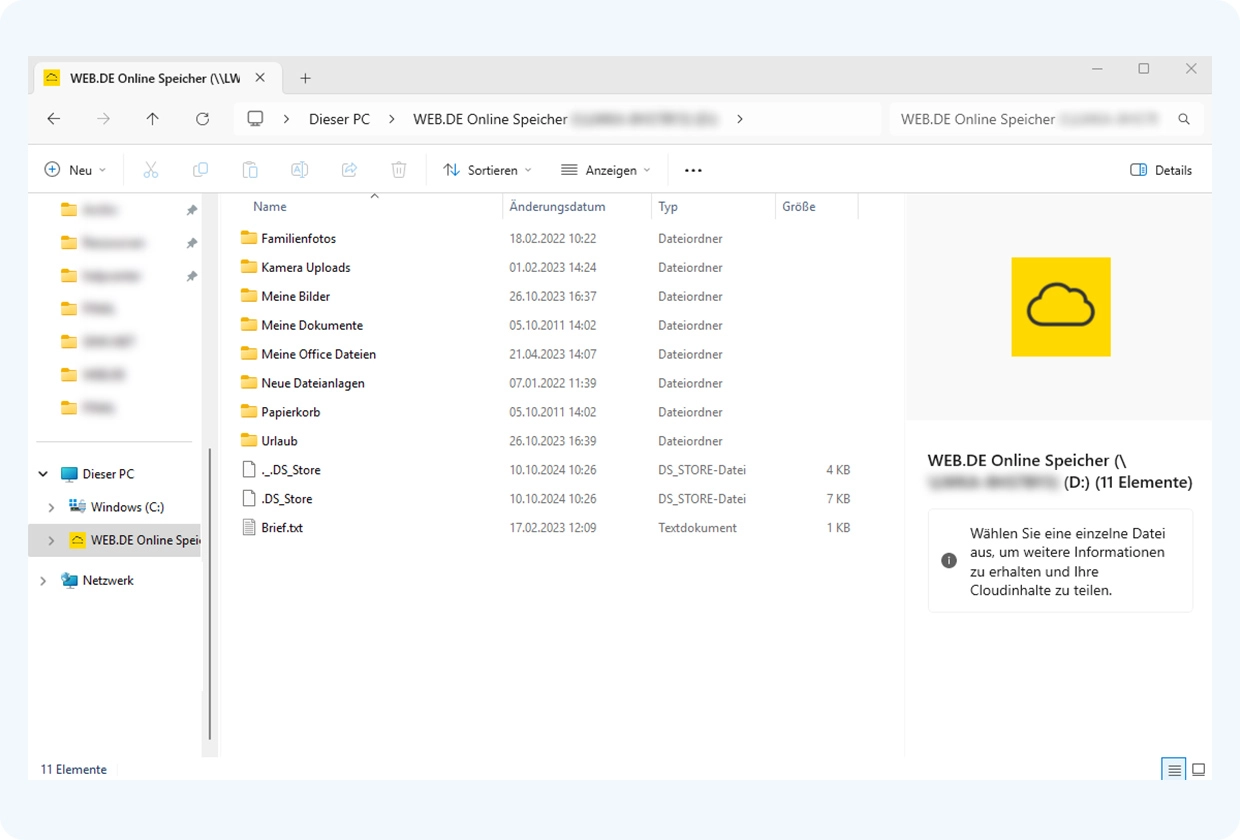 Bildschirmfoto des installierten WEB.DE Online-Speicher für Windows: Er ist im Explorer als Ordner zu finden.