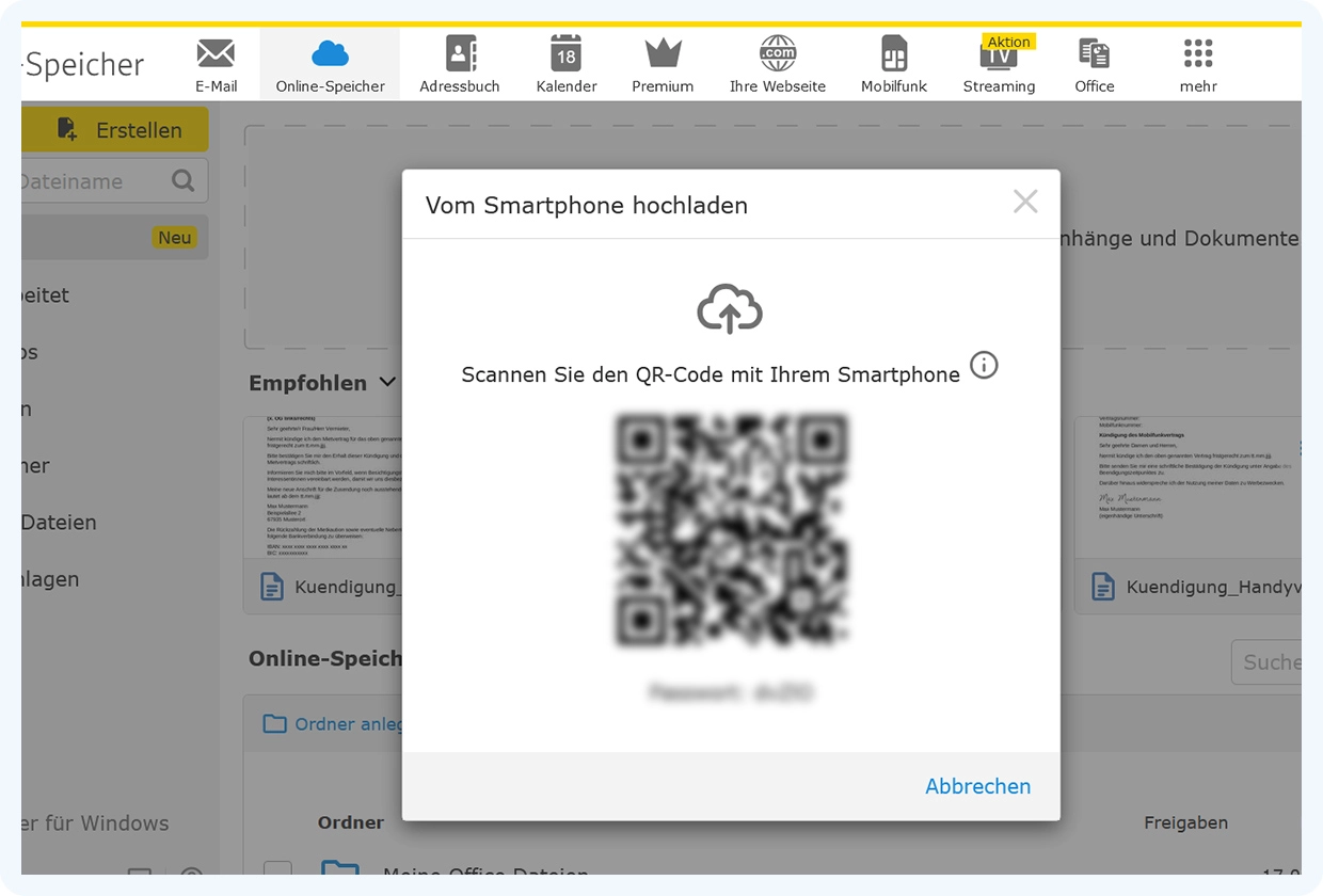 Ansicht des generierten QR-Codes im WEB.DE Postfach, der zum Scannen auffordert.