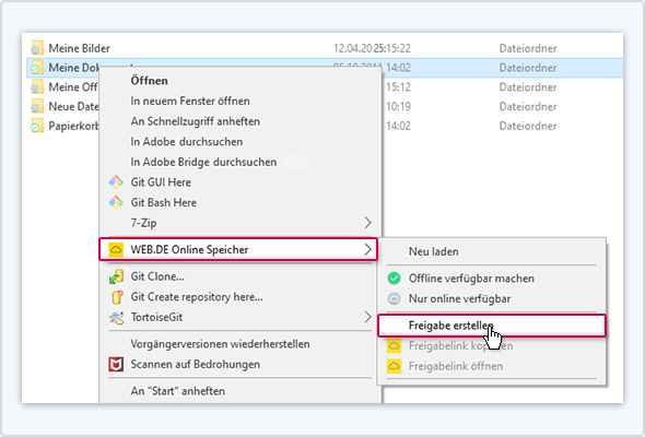 Der Screenshot zeigt das Menü, in dem Sie beispielsweise einen Freigabelink erstellen oder die Datei offline verfügbar machen können. Sie erreichen dieses Menü durch einen Rechtsklick auf eine Datei.
