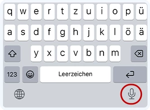 Screenshot der Diktierfunktion auf dem iPhone: Rechts unten ist das Mikrofonsymbol hervorgehoben