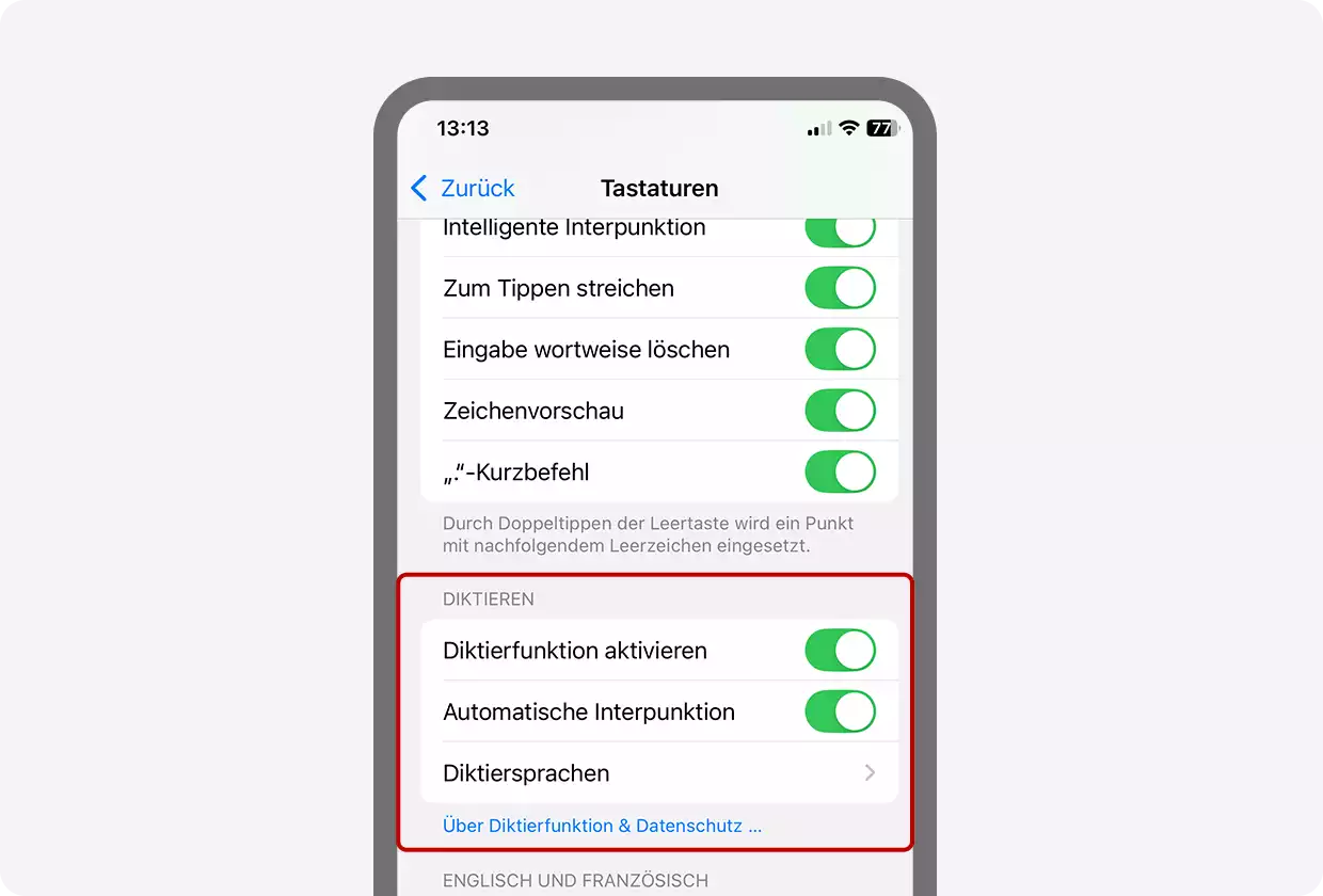 Screenshot der Einstellungen auf dem iPhone: der Menüpunkt Tastaturen ist geöffnet, unten hervorgehoben sind alle Einstellmöglichkeiten zu "Diktieren"