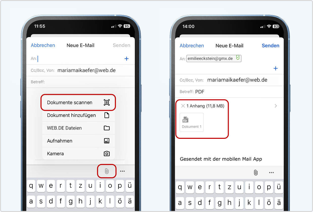Screenshots dokumentieren den Vorgang, wie man eingescannte Dateien einer E-Mail hinzufügt.