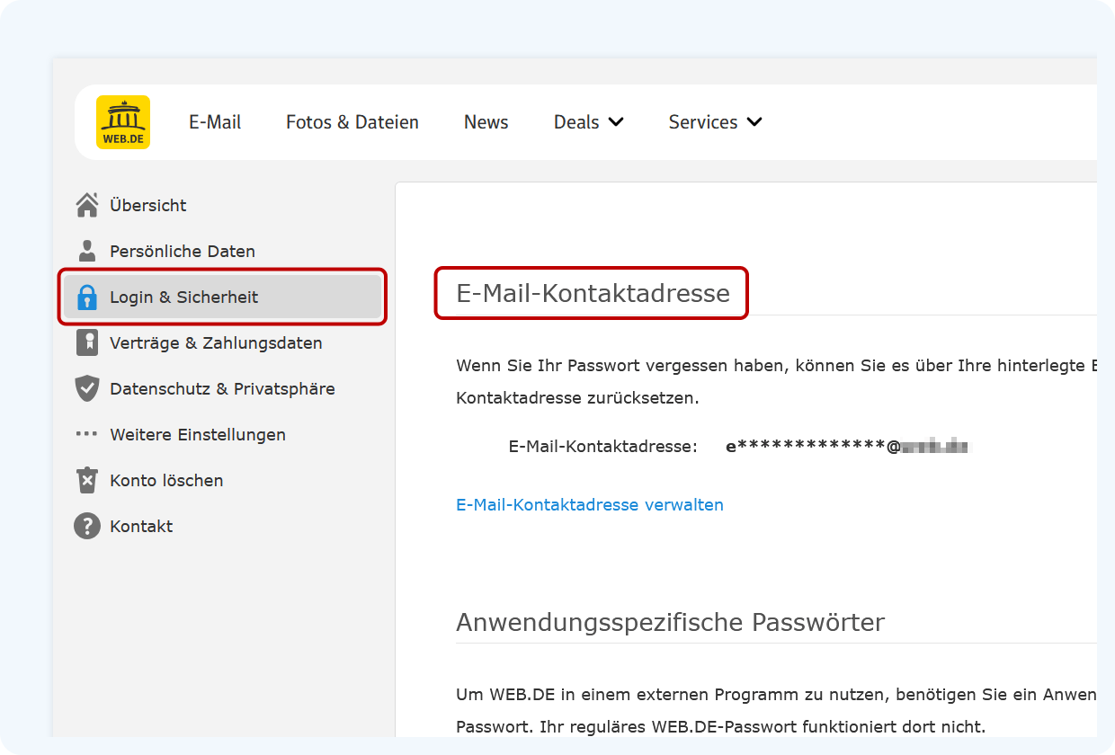 Hinterlegen Sie eine zweite E-Mail-Adresse als Kontaktadresse für Ihr WEB.DE Postfach