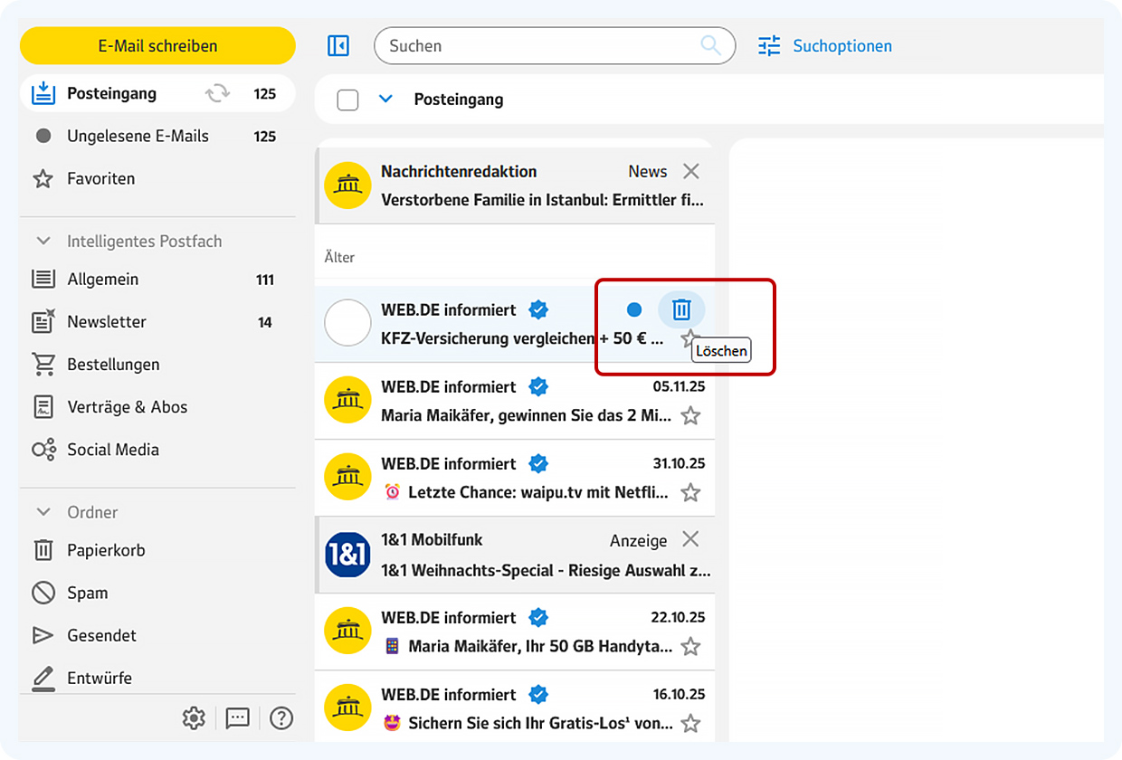 E-Mail-Liste im WEB.DE Postfach. Bei einer E-Mail ist das Löschen-Symbol rot markiert.