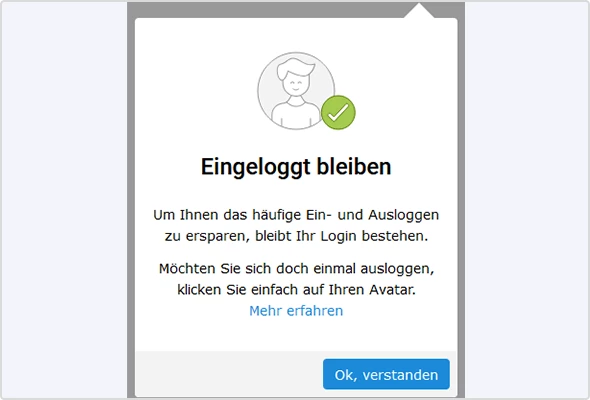 Screenshot der Infofläche „Eingeloggt bleiben“ im WEB.DE Postfach mit Details und Button "Ok verstanden".