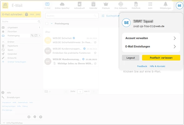 ildschirmfoto des geöffneten WEB.DE Postfachs mit ausgeklapptem Avatar-Menü im rechten oberen Eck. Es zeigt verschiedene Einstellungsmöglichkeiten des E-Mail-Kontos sowie einen Logout-Button und die Klickfläche „Postfach verlassen“. 