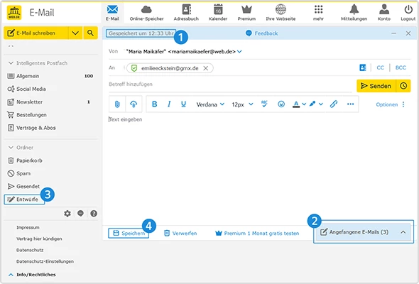 Screenshot eines E-Mail-Entwurfs mit Anleitung, wie man ihn speichern kann.