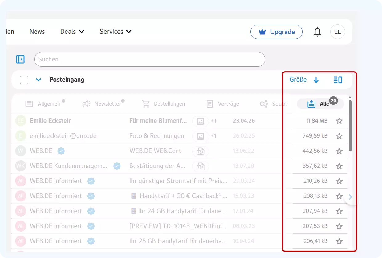 E-Mail-Liste, nach Größe gefiltert. Rechts sind die Größen der E-Mails abgebildet