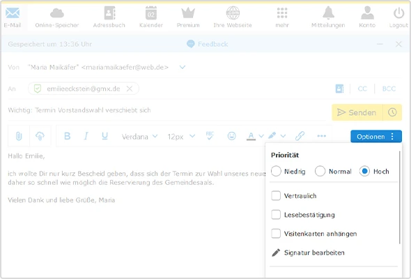 Über "Optionen" können Sie Ihre E-Mail als "Hoch" priorisieren
