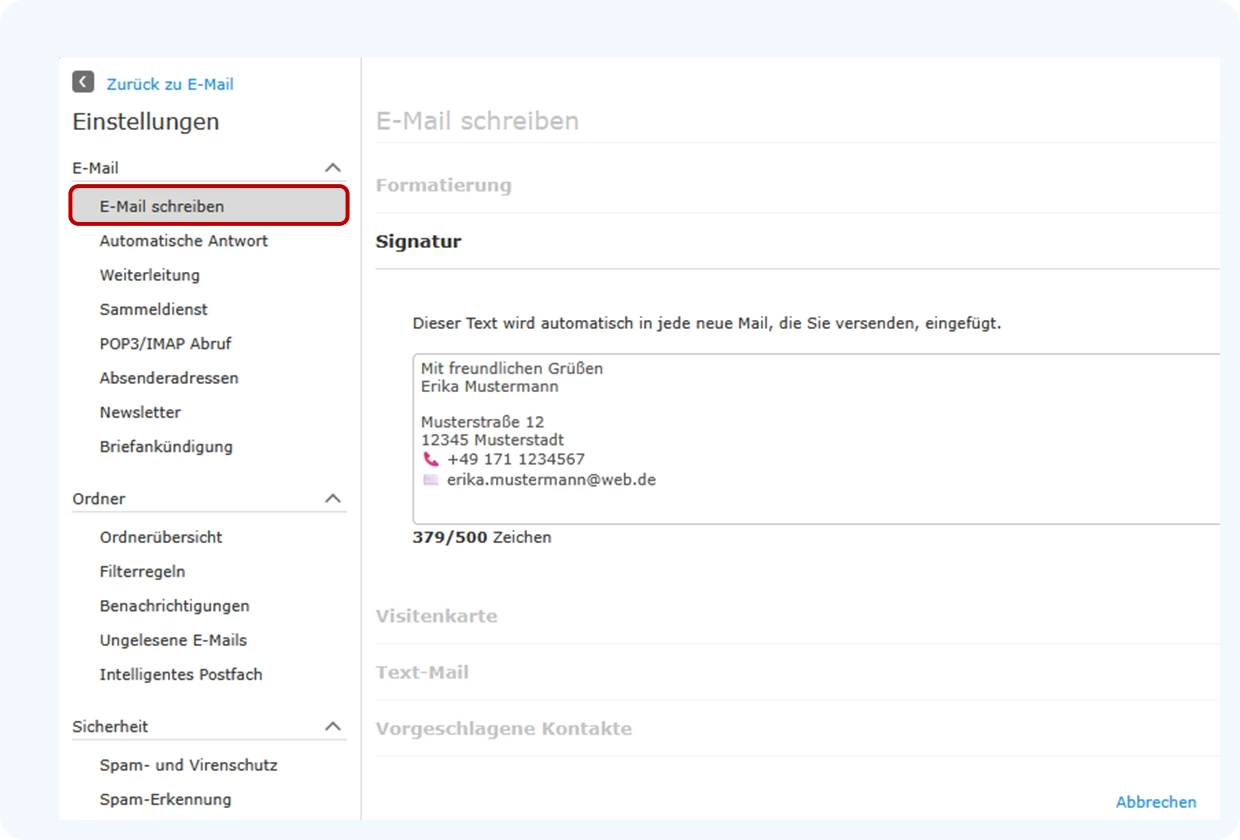 In den Einstellungen Ihres WEB.DE Web-Postfaches finden Sie unter „E-Mail schreiben“ das Feld „Signatur“. Hier können Sie Ihre persönliche Signatur erstellen.