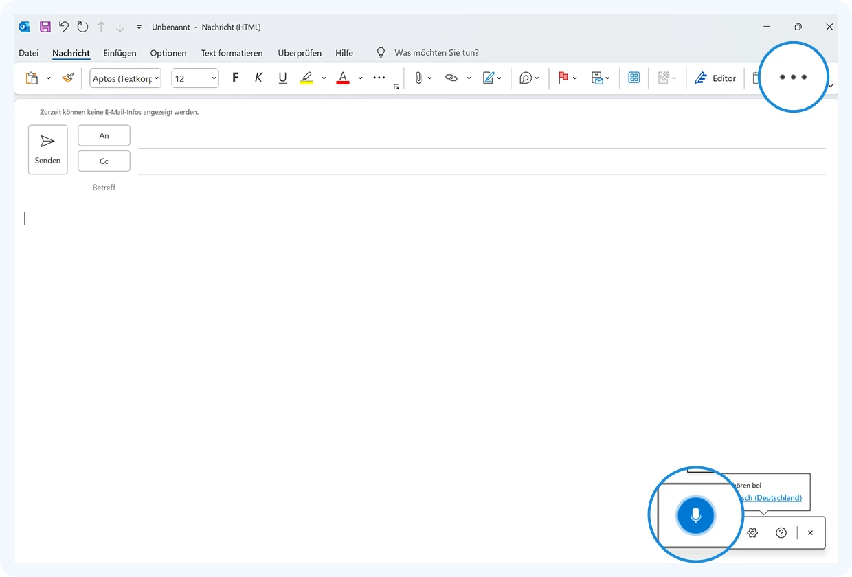 Screenshot einer neu geöffneten E-Mail. Oben rechts ist das Drei-Punkte-Menü hervorgehoben, unten rechts das Mikrofonsymbol