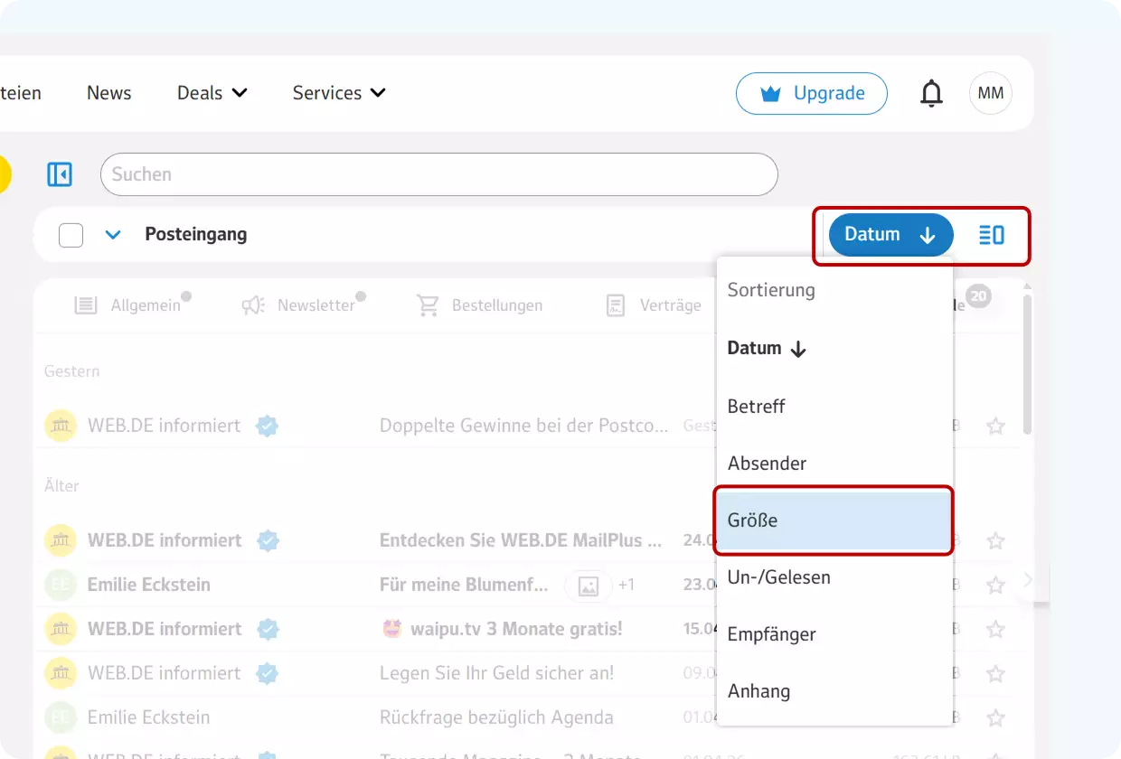 E-Mail-Liste bei WEB.DE, im Suchfilter ist das Suchkriterium "Größe" rot umrandet