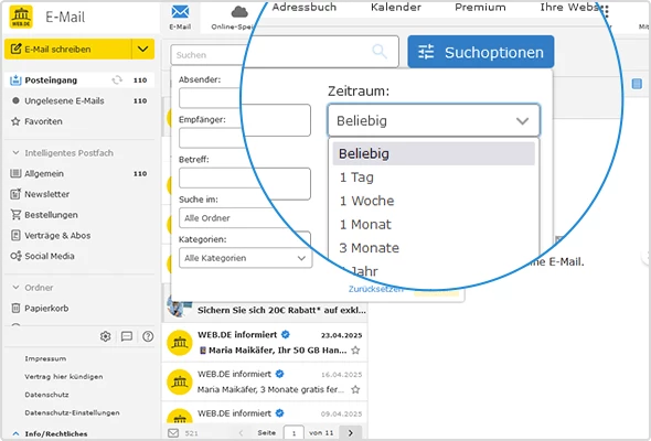 Bildschirmfoto des WEB.DE Postfachs: Es zeigt die E-Mail-Suche und die Suchoption "Zeitraum" an