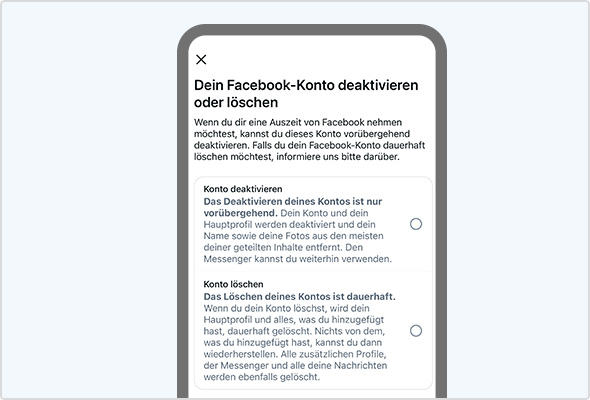 Screenshot der Facebook-App, der den geöffneten Menüpunkt „Dein Facebook-Konto deaktivieren oder löschen“ zeigt.