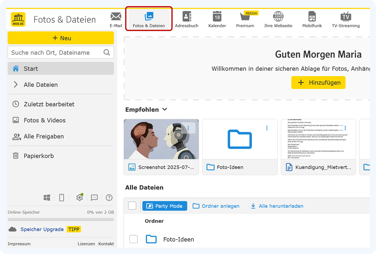 Über den Navigationspunkt "Fotos & Dateien" gelangen Sie in Ihren WEB.DE Online-Speicher