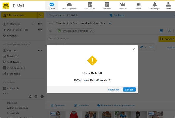 Eine E-Mail ohne Betreff senden? Bei WEB.DE bekommen Sie einen Hinweis.