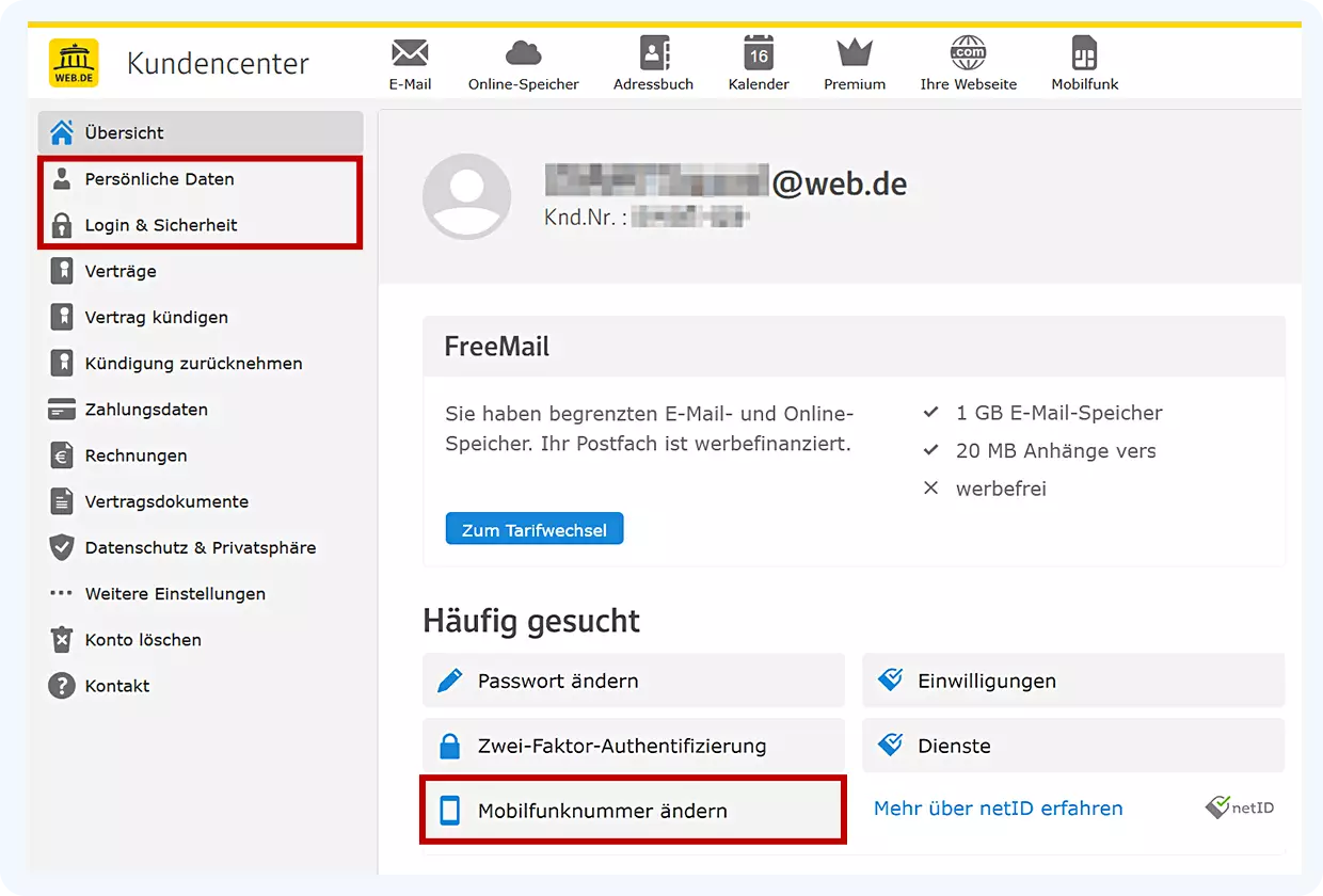 Screenshot des WEB.DE Kundencenters im WEB.DE Postfach. Die Menüpunkte "Persönliche Daten" sowie "Login & Sicherheit" sind hervorgehoben.