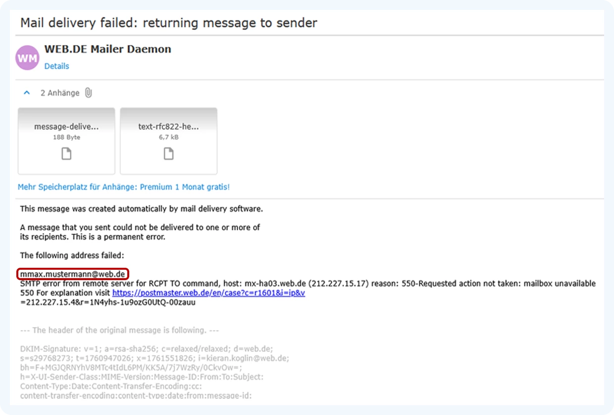 So sieht eine Unzustellbarkeits-Info Ihres Mailer-Daemon aus. In diesem Fall versteckte sich ein „e” zu viel in der Empfängeradresse.