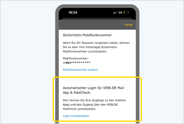 Screenshot aus der WEB.DE App zeigt die Möglichkeit die Zugänge zum automatischen Login zurückzusetzen. Sie befindet sich direkt unter der Einstellung zur Sicherheits-Mobilfunknummer