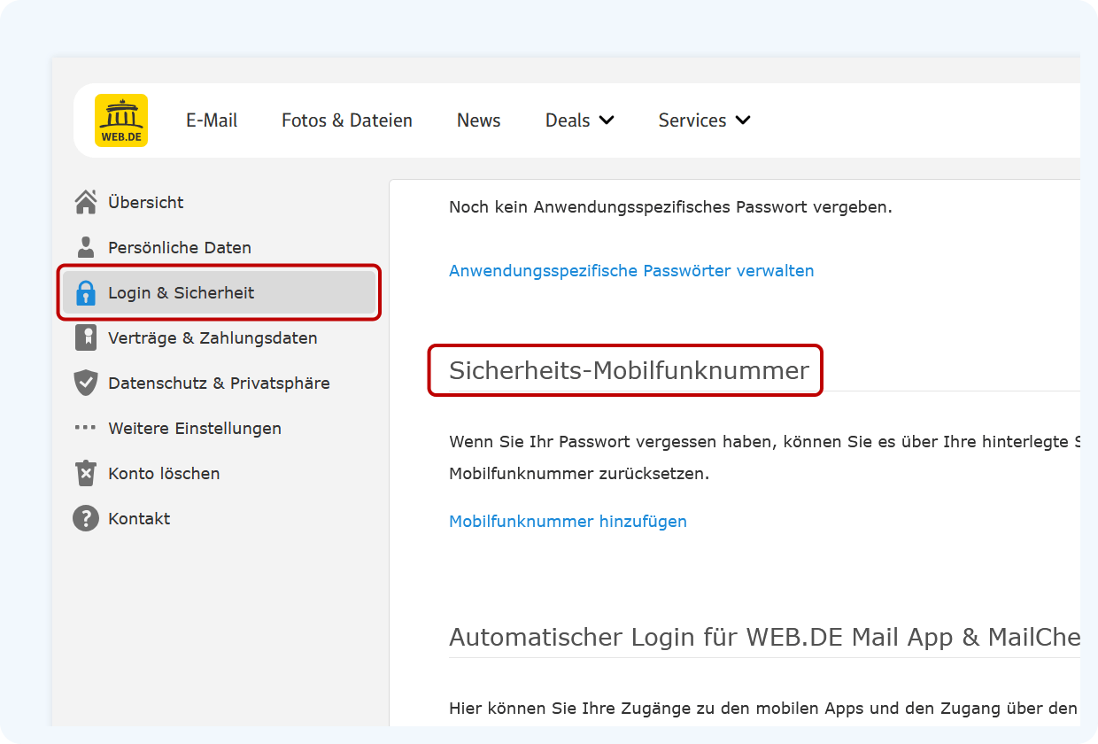 Der Punkt Sicherheits-Mobilfunknummer in den Sicherheitseinstellungen eines WEB.DE Postfachs ist rot markiert