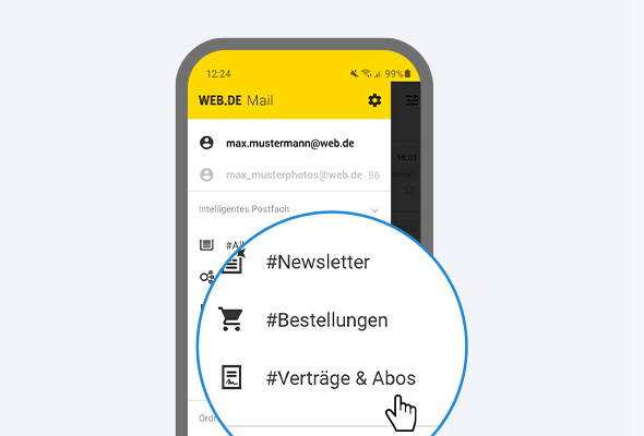 Ab jetzt gibt es auch in der WEB.DE App für Android die Kategorie “Verträge & Abos“ für eine bessere Übersicht in Ihrem E-Mail-Postfach.