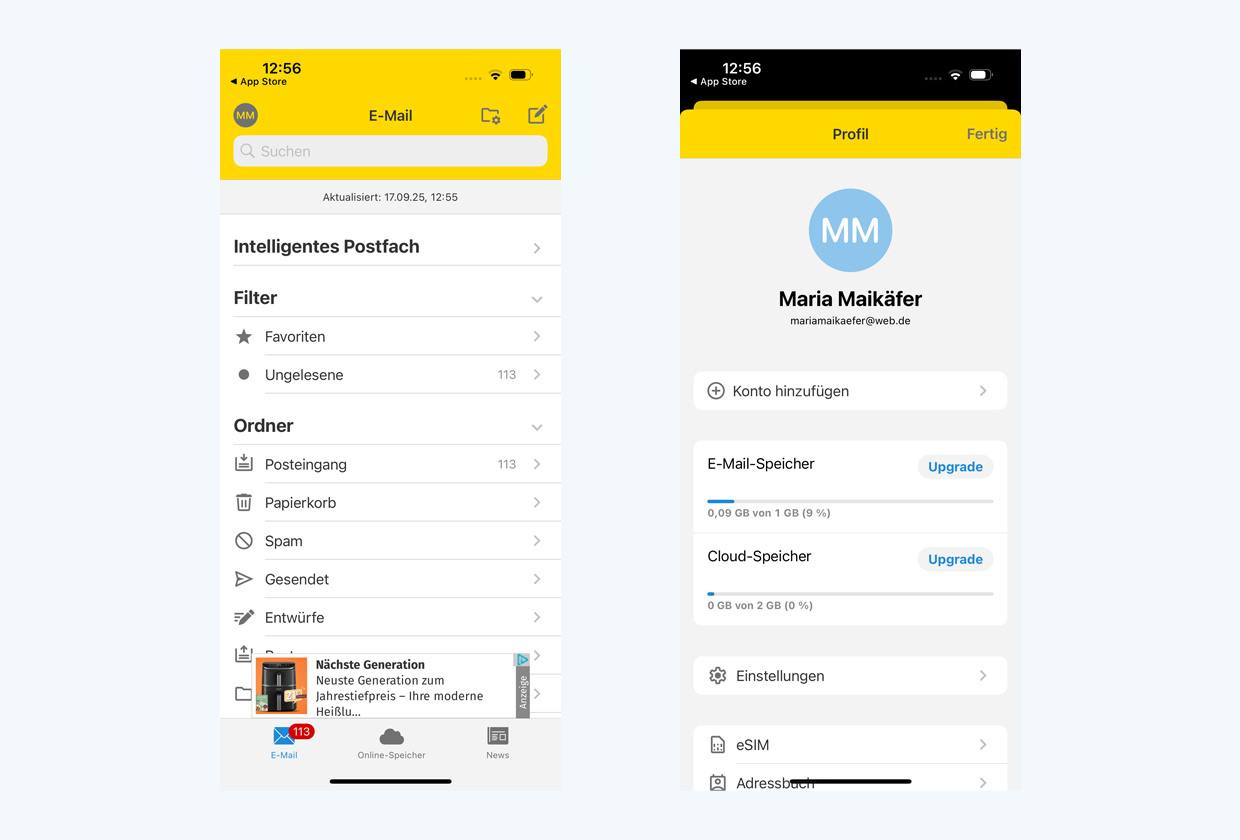 Über Ihre Initialen oben links in der App öffnen Sie die neue Profilansicht und tippen dann auf den Menüpunkt "Einstellungen"