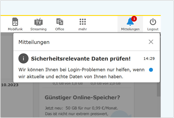 Im Web-Postfach www.web.de finden Sie neben dem Logout-Button ab sofort wichtige Mitteilungen.