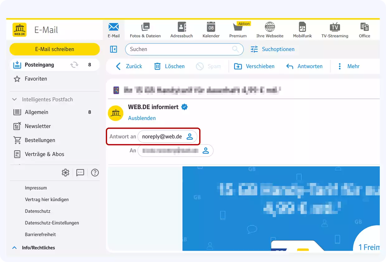 Screenshot einer Noreply-E-Mail von WEB.DE. Die Absenderadresse noreply@web.de ist optisch hervorgehoben
