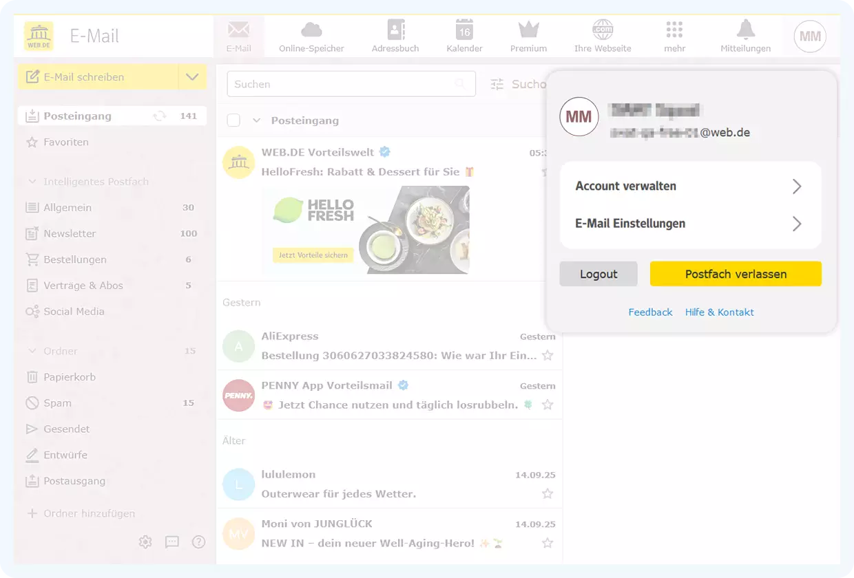 Bildschirmfoto des WEB.DE Postfachs mit aufgeklapptem Profilbereich. Es zeigt die Punkte Account verwalten und E-Mail-Einstellungen sowie den Button Logout und Postfach verlassen