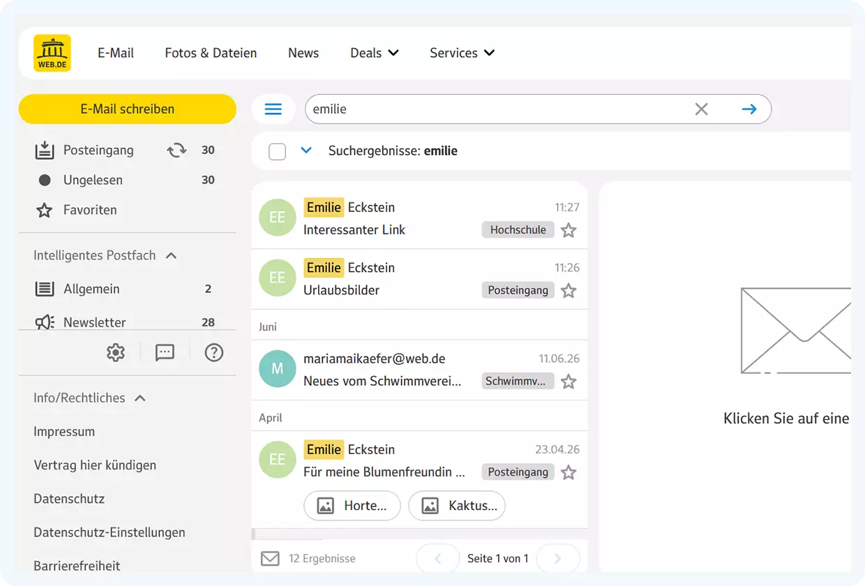 Mit der Suche im Postfach können Sie gezielt nach E-Mails suchen