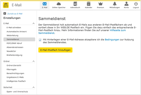 Screenshot vom WEB.DE Sammeldienst im Web-Postfach