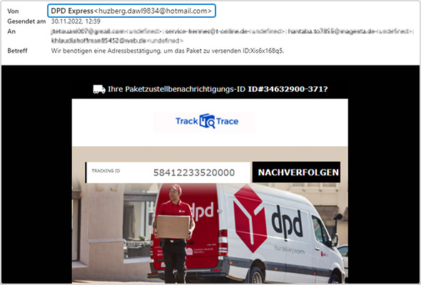 Beispiel einer Phishing-Mail, die angeblich vom Paketdienst DPD stammt. Doch sie ist gefälscht!