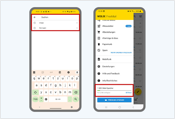 Links im Bild: Die neue verbesserte Suche zeigt Ihnen Ihre letzten erfolgreichen Suchergebnisse an. Rechts im Bild: Ganz unten in Ihrer Navigation mit den E-Mail-Ordnern und Einstellungen finden Sie nun auch eine Speicherplatzanzeige.