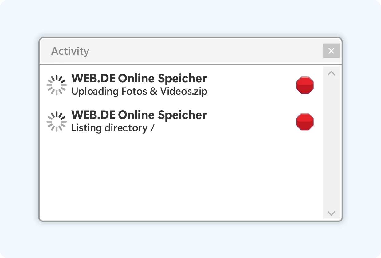 Das neue Aktivitätenfenster zeigt zwei Dateien, die gerade hochgeladen werden. Beide sind noch mit einem roten Symbol versehen.