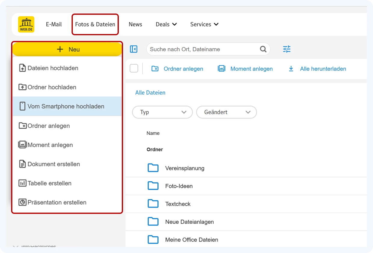 Screenshot des geöffneten Aktionsmenüs im Bereich "Fotos & Dateien". Der Menüpunkt "Vom Smartphone hochladen" ist farblich hervorgehoben