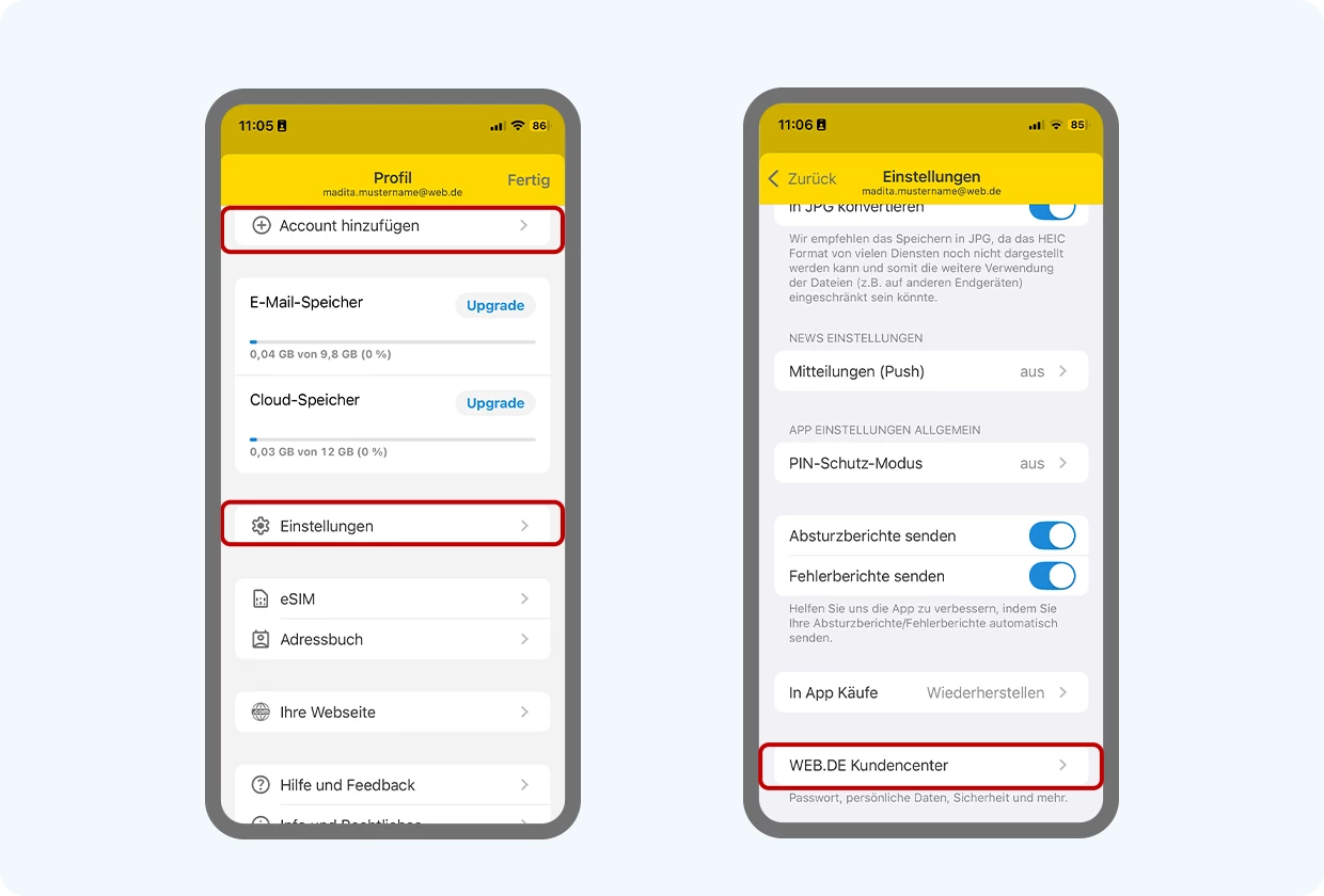 Im Bild links: Über "Account hinzufügen" binden Sie weitere E-Mail-Konten ein. Über "Einstellungen"(das Zahnradsymbol) gelangen Sie in die Gesamtübersicht Ihrer Einstellungen (rechts im Bild zu sehen). Ganz unten in der Übersicht finden Sie auch Ihr "WEB.DE Kundencenter" mit Ihren Nutzerdaten und Sicherheitseinstellungen.
