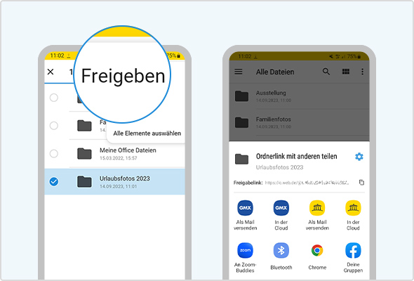 Wählen Sie Ihre Datei durch langes Antippen aus und tippen Sie auf "Freigeben" wird der Freigabelink generiert.