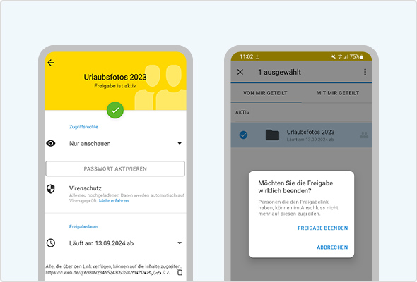 Sie können für Ihre Freigabe ein Passwort aktivieren (links im Bild) und auch jederzeit wieder beenden (rechts im Bild).