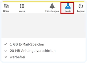 Ausschnitt des WEB.DE Posteingangs oben rechts: Links vom Logout-Button ist das Konto-Männchen zu sehen, über welches man ins WEB.DE Kundencenter gelangt.