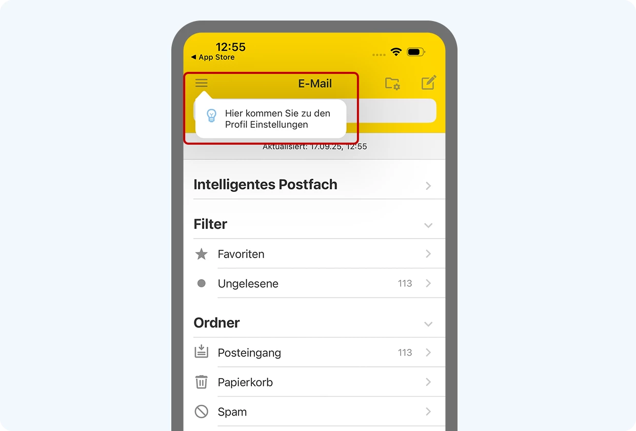 Screenshot der WEB.DE App, oben links der Hinweis zu den neuen Profil-Einstellungen