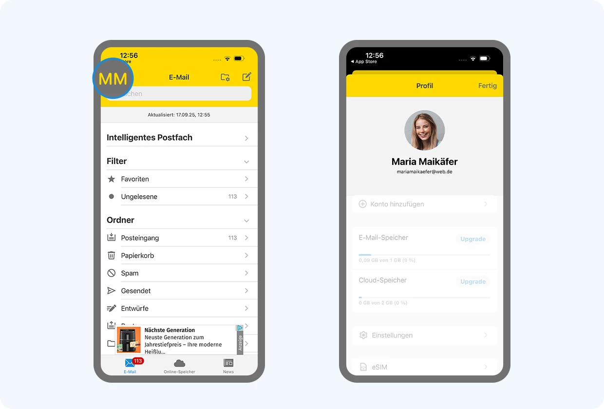 2 nebeneinanderliegende Screenshots der WEB.DE App für iOS: Screen links zeigt den geöffneten E-Mail-Account mit den Nutzerinitialen. Screen rechts zeigt die geöffnete Profilansicht.