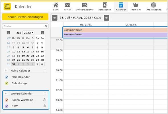 In der großen Kalenderansicht können Sie sich durch die Kalenderwochen klicken und sehen genau, wann sich die Ferien der Bundesländer überschneiden. Hier am Beispiel Baden-Württemberg und NRW. 
