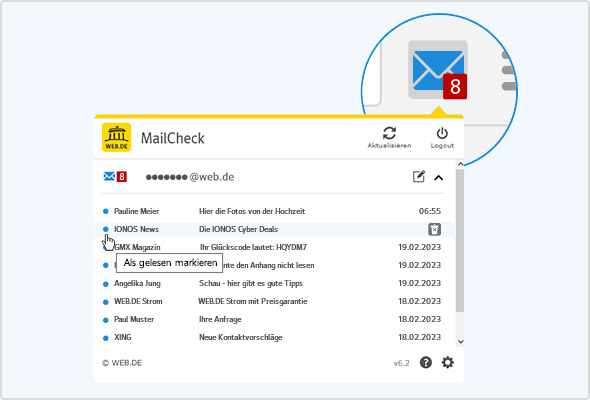 In der Vorschau vom WEB.DE MailCheck sehen Sie, wie viele ungelesene Mails Sie im Posteingang haben. Hier sind es acht.