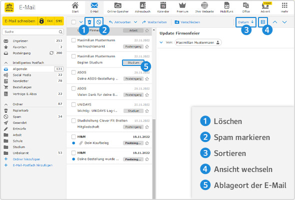 Die neue E-Mail-Übersicht im Postfach zeigt statt vielen Textbuttons nun eindeutige Symbole.