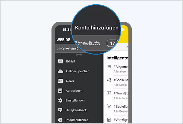 Über „Konto hinzufügen“ binden Sie Ihre anderen WEB.DE Adressen in der App ein.